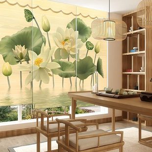 荷花窗帘卷帘茶室客厅禅意玄关软隔断帘免打孔屏风遮阳帘子 新中式