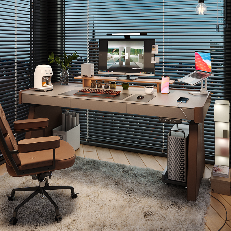 智能书桌意式设计师马鞍皮高档家用办公桌自动电动升降电脑桌