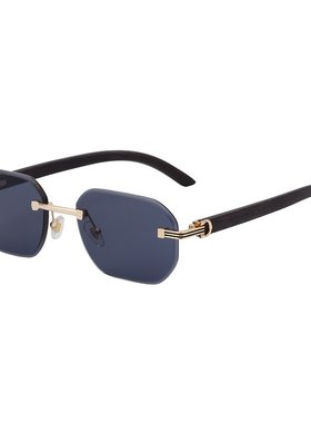 新款仿木纹镜腿太阳镜男欧美复古无框钻石切边墨镜跨境 眼镜潮