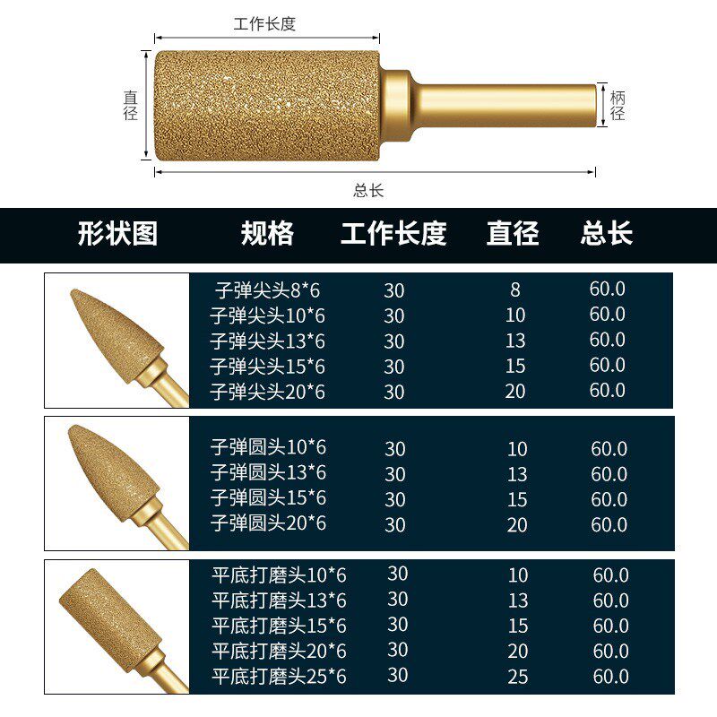 金刚石磨头6mm铸铁打磨头钎焊平头E合金电磨头金属抛光钻头10支装