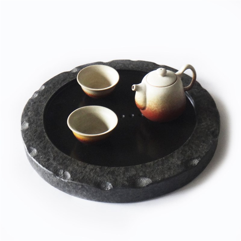 乌金石茶盘圆形天然家用整块荷叶套装大小号简约排水黑石头订制
