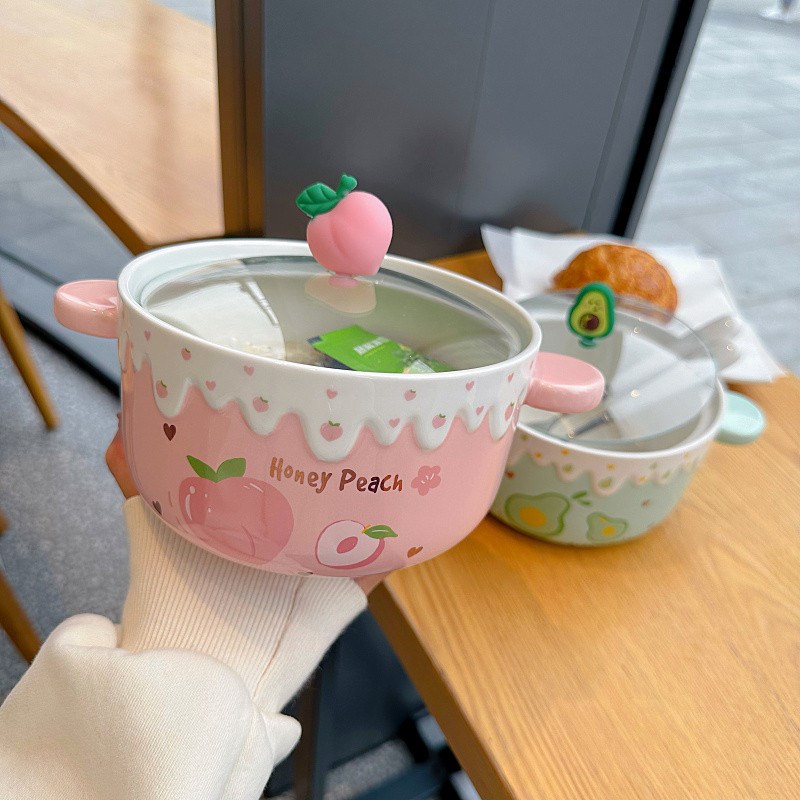 卡通可爱双耳水果沙拉碗带盖泡面碗学生宿舍用大容量圆形吃饭面碗