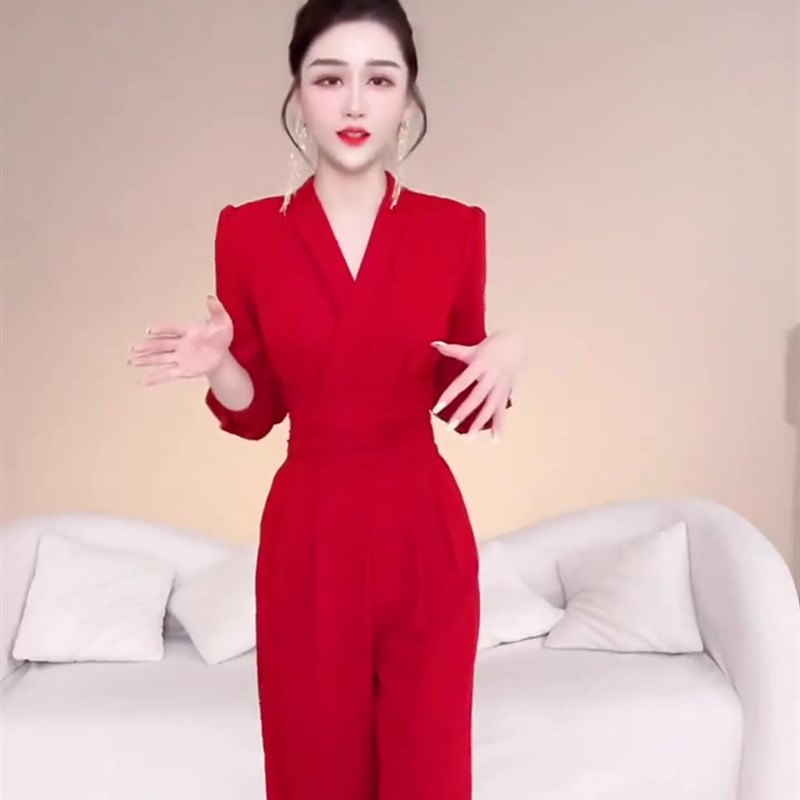 网红爆款时尚连体衣m裤女2022年秋季新款韩版显瘦长袖V领阔腿裤潮