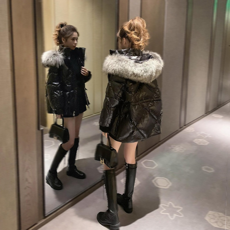 短款亮面大毛领i棉衣棉服女2023冬季新款韩版宽松bf加厚连帽面包