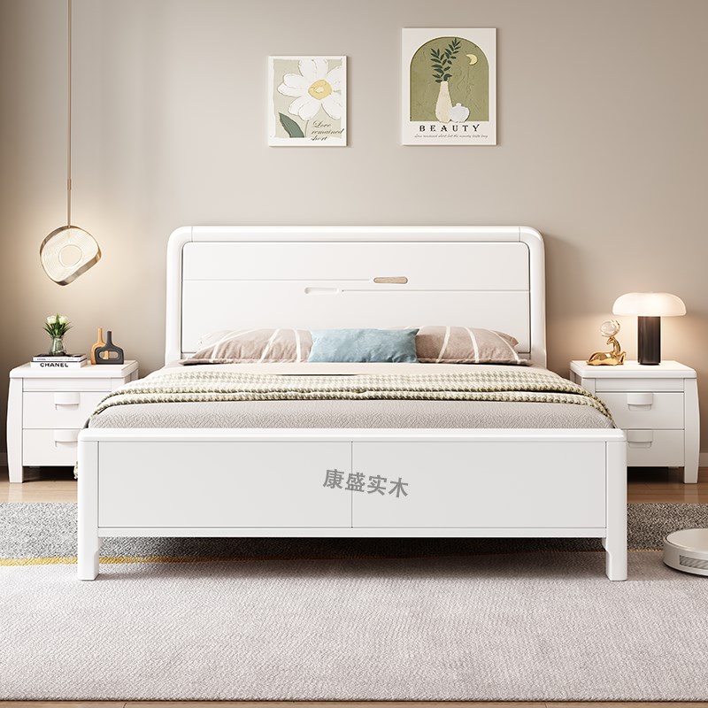 全实木床奶油风白色静音榫卯加厚床D板1.8米主卧室储物简约气压床