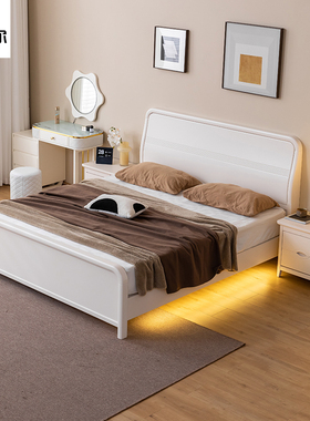 实木床现代简约双人床2024新款1.E5m主卧白色多功能夜灯收纳储物