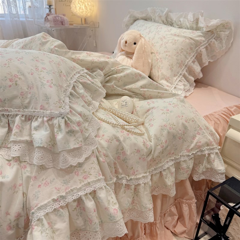 仙女款荷叶边全棉四件套公主风被套少女心1.8Rm床裙款斜纹床品