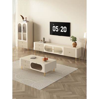 茶几电视组合奶风油户客厅现代简约小型柜实木9636落地白色岩板电