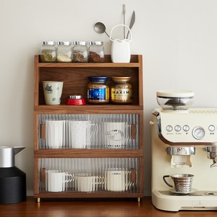 黑胡桃实木多层桌面m杯子茶具餐边柜双层咖啡水杯子防尘收纳储物