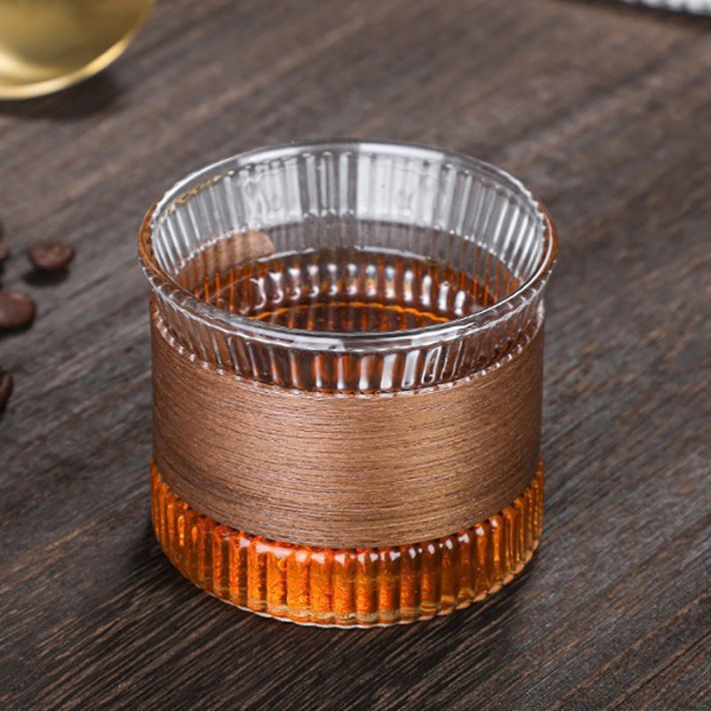 耐热玻璃杯咖啡杯木环隔p热玻璃杯2只装锤纹杯竖纹杯170ml玻璃茶
