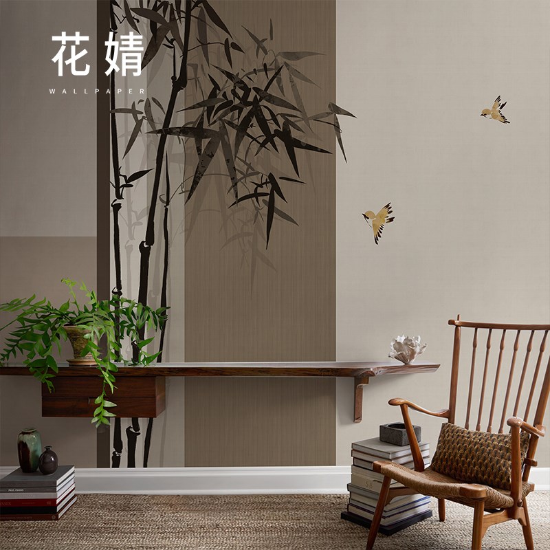 中式竹子花鸟壁纸餐厅卧室无纺布墙纸电视背景墙玄关墙布定制壁画