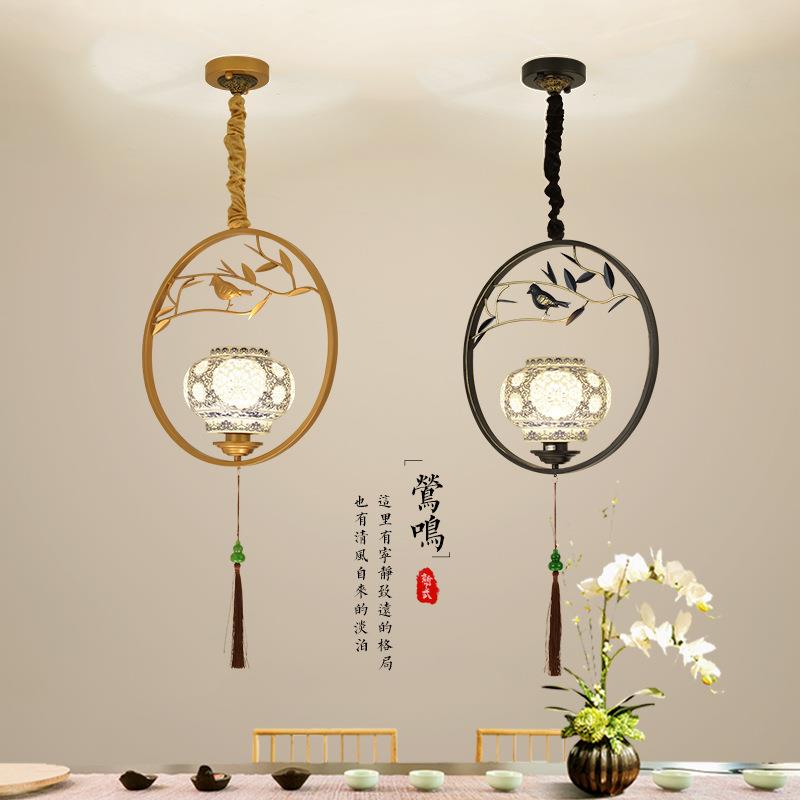 新中式个性陶瓷小鸟小吊灯阳台创意餐厅茶楼茶室青花瓷单头小吊灯
