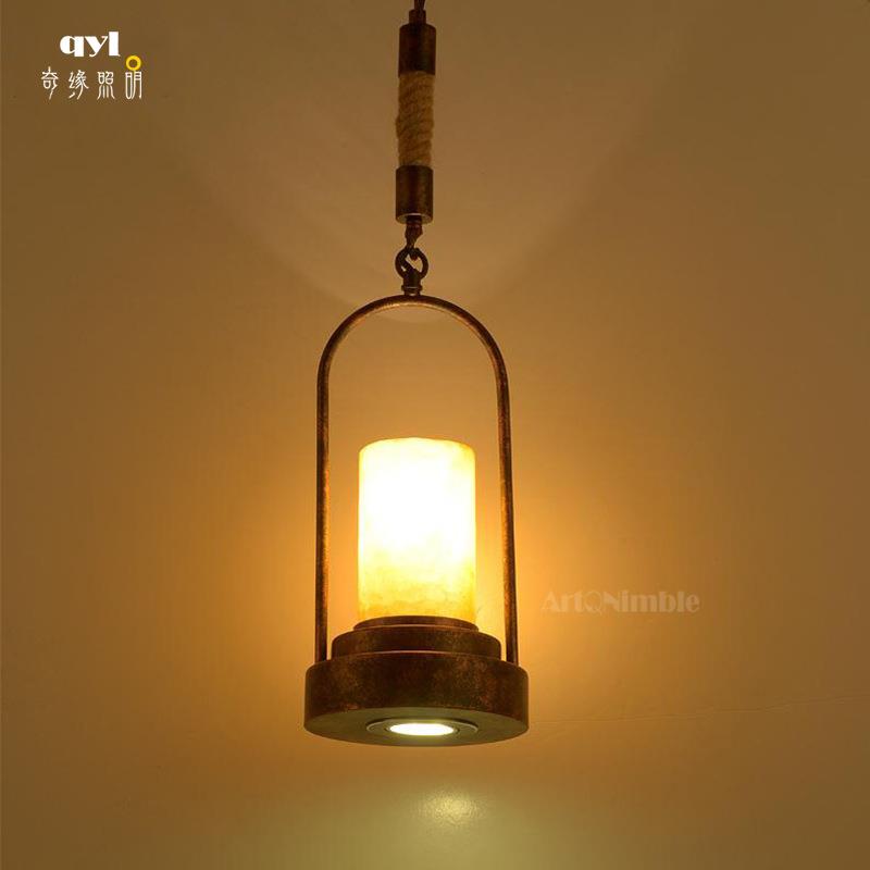 led漫咖啡厅创意个性灯具复古铁艺吧台餐厅麻绳过道单头云石吊灯