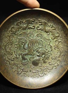 仿古玩古董杂项 黄铜浮雕乾隆御用瑞兽图小盘 装饰摆件老铜器收藏