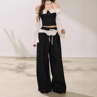 波点芭蕾风设计感小众温柔舒适长袖一字肩抹胸上衣辣妹阔腿裤套装