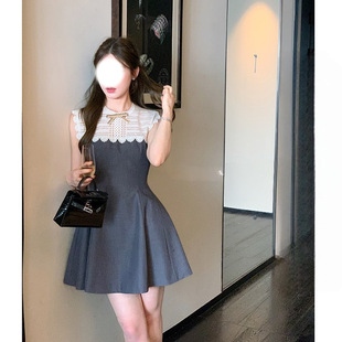 杨小卷  格雷系千金 法式蕾丝拼接无袖连衣裙夏收腰A字短裙生日裙
