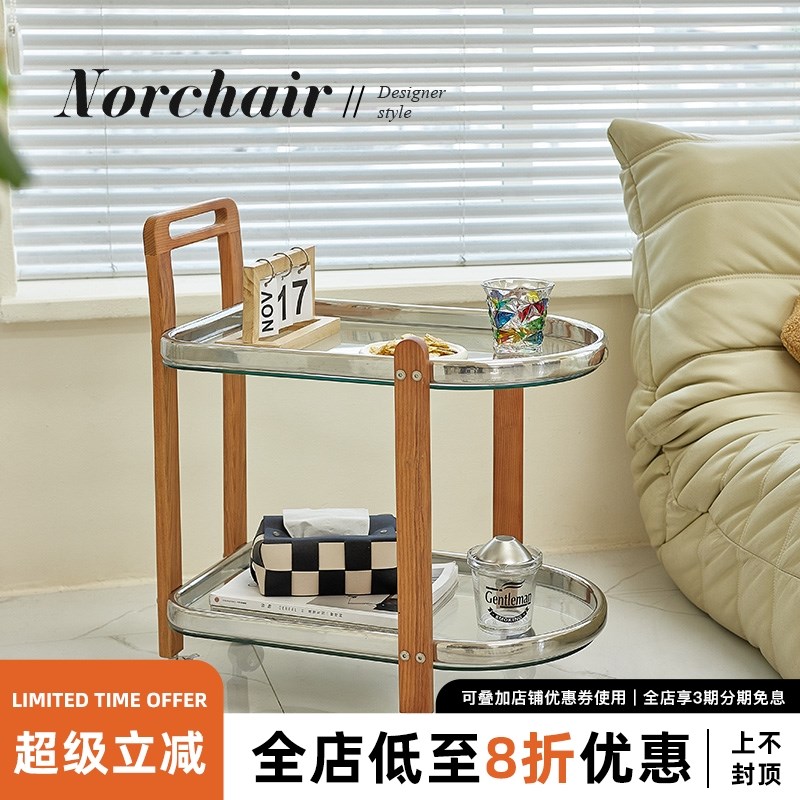 NORCHAIR复古实木沙发边几家用客厅收纳小推车北欧可移动玻璃茶几