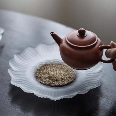 新中式爆款小众磨砂水晶玻璃莲花小茶盘小型干果盘便携式盖碗壶承