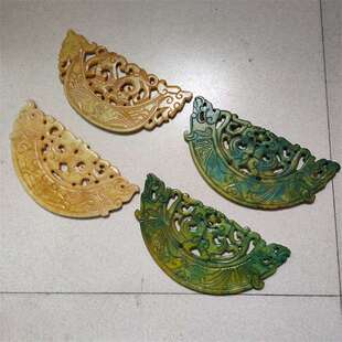 古玩杂项仿古做旧岫玉雕刻镂空玉璧沁色黄沁绿沁双龙玉璧玉璜半壁