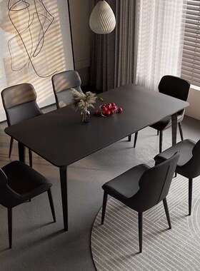 意式极简纯黑岩板餐桌椅组合经典黑色岛台广场桌高级设计桌面12mm