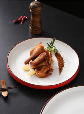 泥光哑光红色创意中式意境菜盘子餐厅酒店陶瓷圆形餐具热菜盘12寸