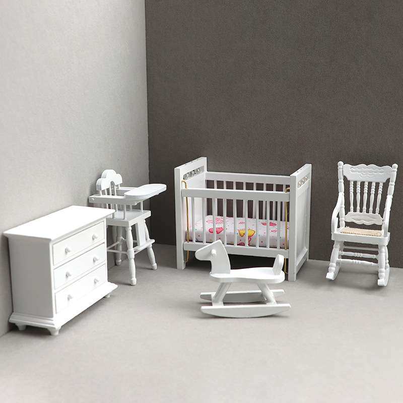 1:12娃娃屋dollhouse迷你家具白色儿童房套装儿童床摇摇马摇椅柜