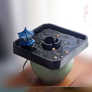 好石寨 乌金石流水陶瓷缸摆件室内成品小型循环水 宠物饮水盆景观