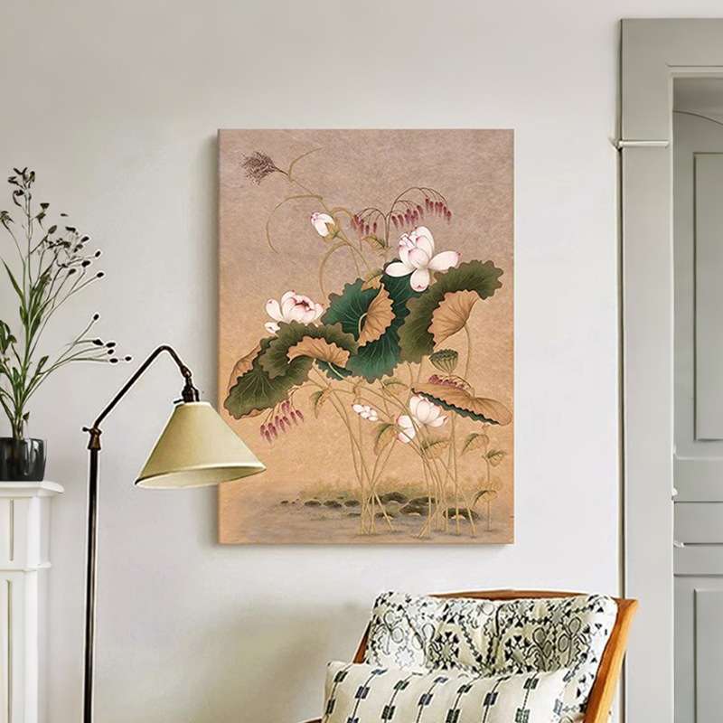 中古风荷花卉客厅装饰画玄关新中式莲藕好运连连手绘油画餐厅挂画