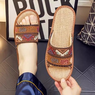 日式 男女士情侣室内家用木地板防滑透气布艺 亚麻凉拖鞋 居家夏季