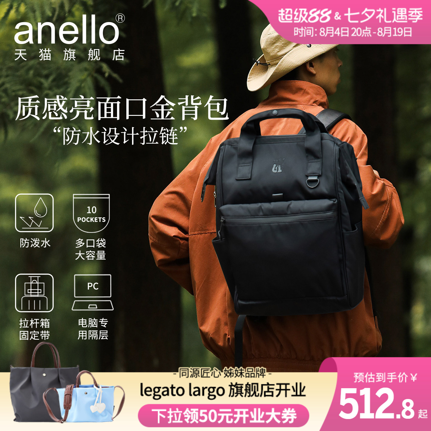 anello旗舰店日本男女双肩背包防泼水书包旅行包防盗升级电脑隔层