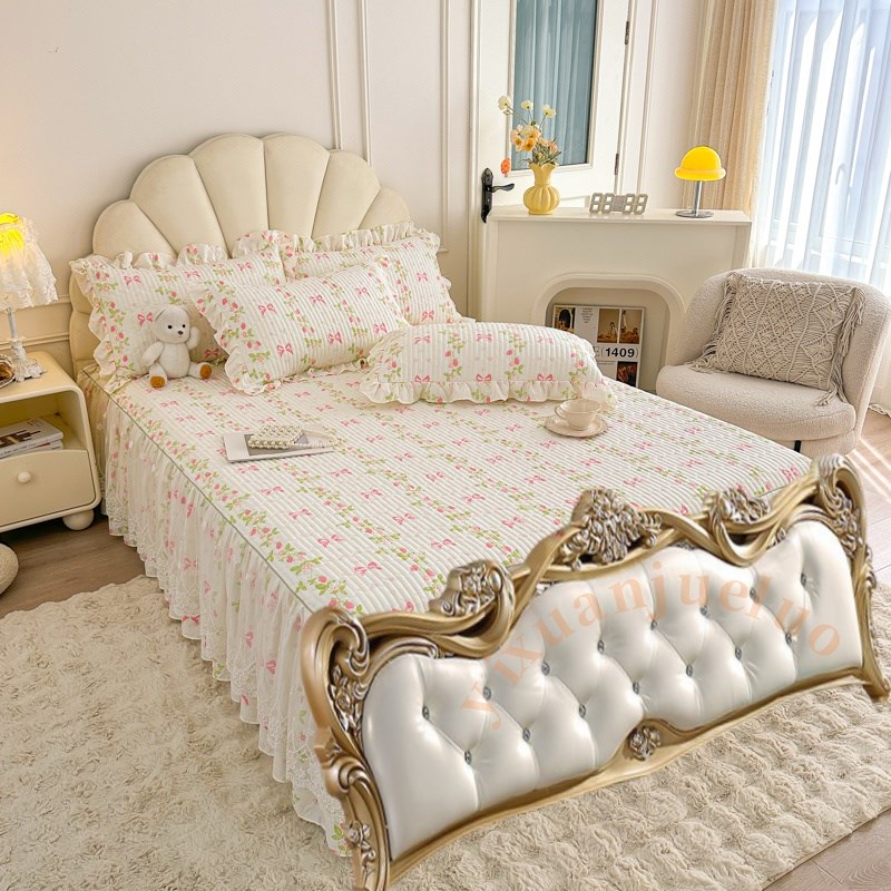 新款欧式无床尾夹棉蕾丝床裙四季加厚绗缝单件防滑儿童床单床罩