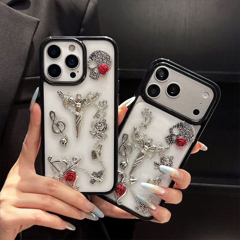 暗黑风骷髅玫瑰女款个性手机壳适用iPhone17promax玫瑰花苹果16pro锁链天使15plus高级感滴胶新款时尚保护套