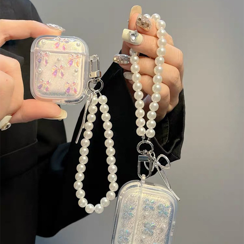 小清新风耳机套适用苹果Airpods4珍珠链条Airpods3pro蝴蝶结挂件Airpods1/2闪粉少女保护壳防摔创意时尚女款