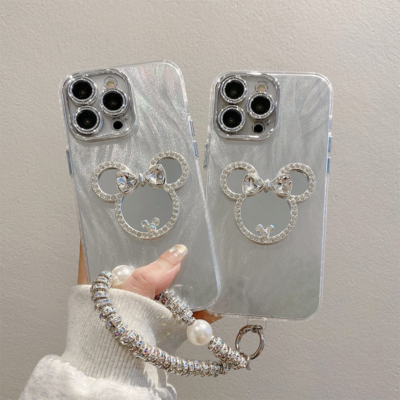 蝴蝶结水钻米老鼠镜子手机壳适用苹果17精孔iPhone16高级感手提链15plus高级感14女款明星同款珍珠链手提创意