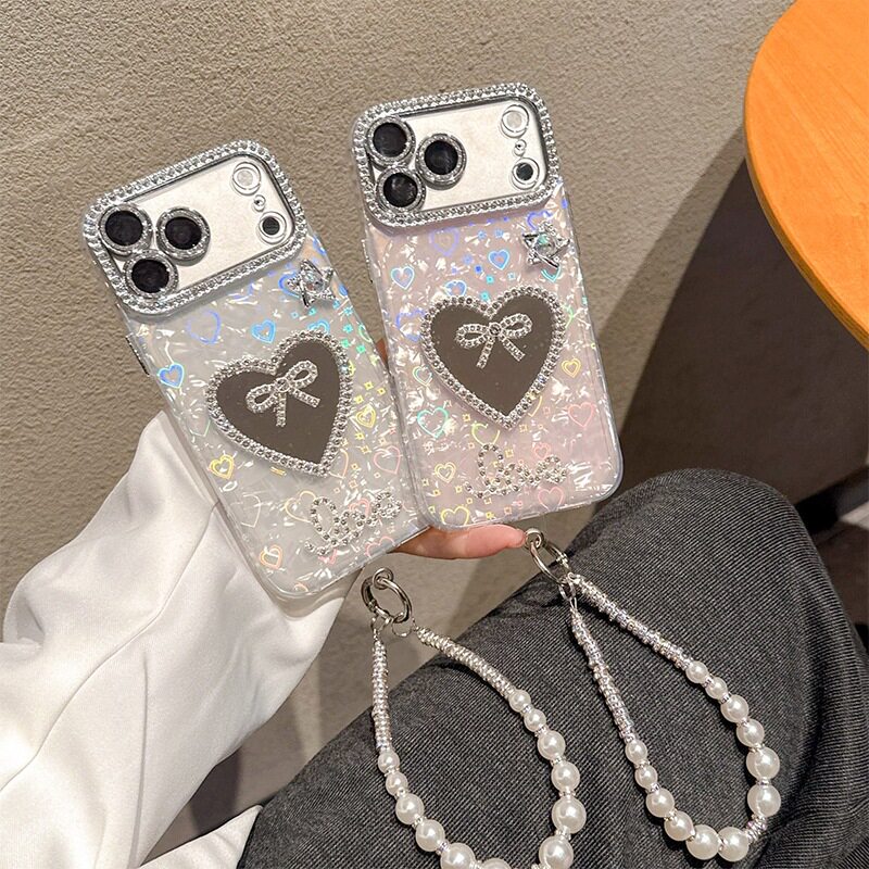领结水钻心形镜子手机壳适用iPhone17promax炫彩贝壳纹