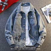 早秋牛仔外套男2025秋季 潮流休闲翻领夹克刺绣宽松褂子上衣男款