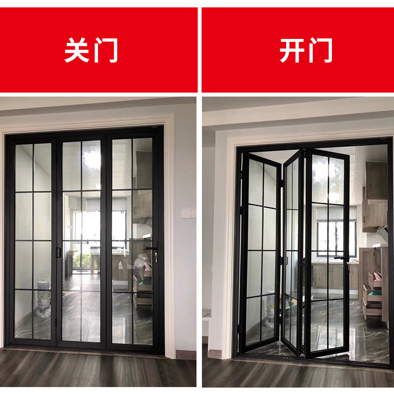极窄阳台客厅厨房玻璃折r叠门商铺店黑色推拉门铝合金吊轨移动隔