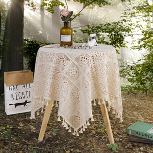 法式蕾丝圆桌布田园编织复古文艺床头柜盖布长方形茶几布钩桌布