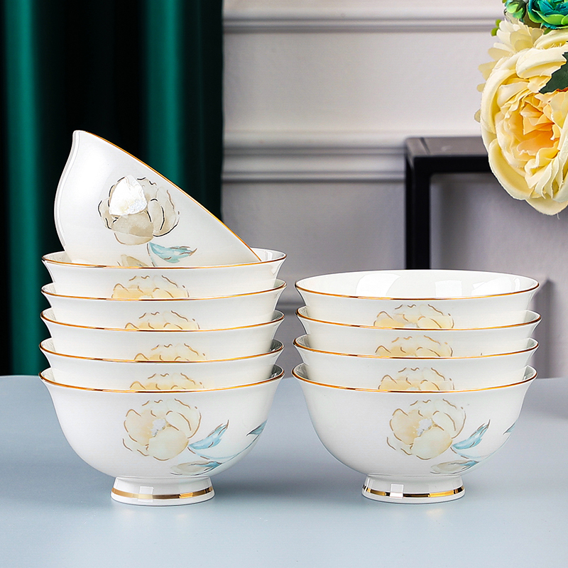 碗家用2024新款骨瓷饭碗金边轻奢碗盘碗碟陶瓷餐具套装高脚碗5寸