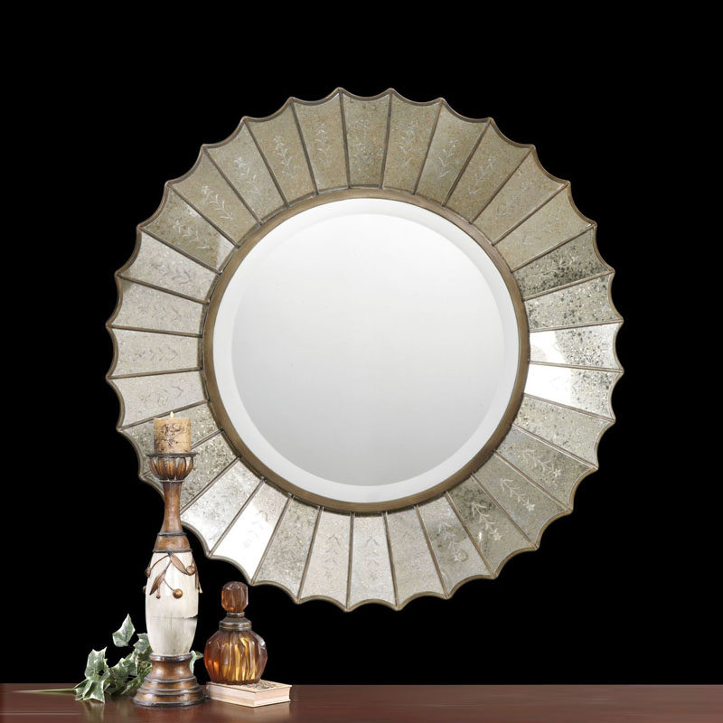 壁挂玄关镜中式雕花艺术镜墙壁挂饰窗花圆形背景墙装饰镜床头挂镜