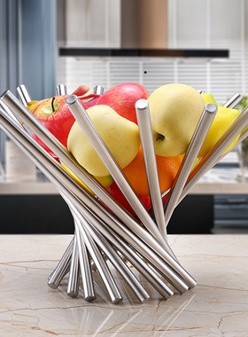 样板间厨房客厅果盘摆件不锈钢水果篮 创意时尚旋转果盘欧式客厅