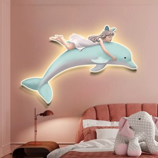 温馨卧室装 饰画儿童房女孩房间床头氛围灯画创意梦幻海豚餐厅壁画