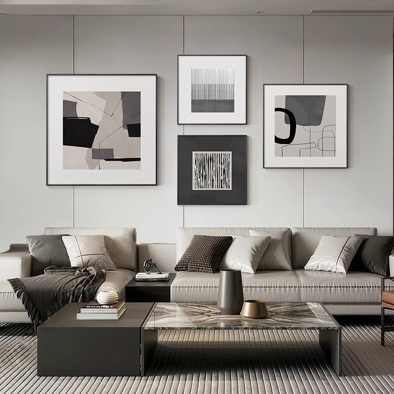 创意黑白抽象艺术客厅组合装饰画复古小众餐厅挂画沙发背景墙壁画图片