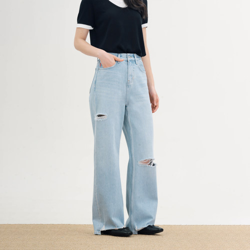 W04宝石蓝破坏水洗直筒牛仔裤