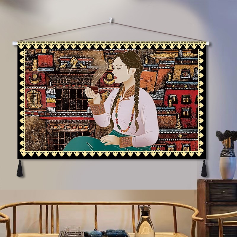 藏式民族风布艺挂画民宿酒店室内装饰画客厅卧室背景墙挂布挂毯图片