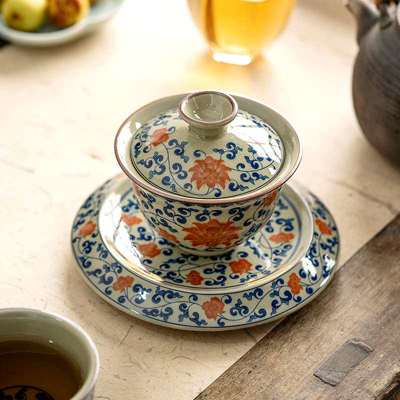 唯心造 老陶泥缠枝莲开片盖碗 陶瓷家用复古泡茶碗组合手抓壶