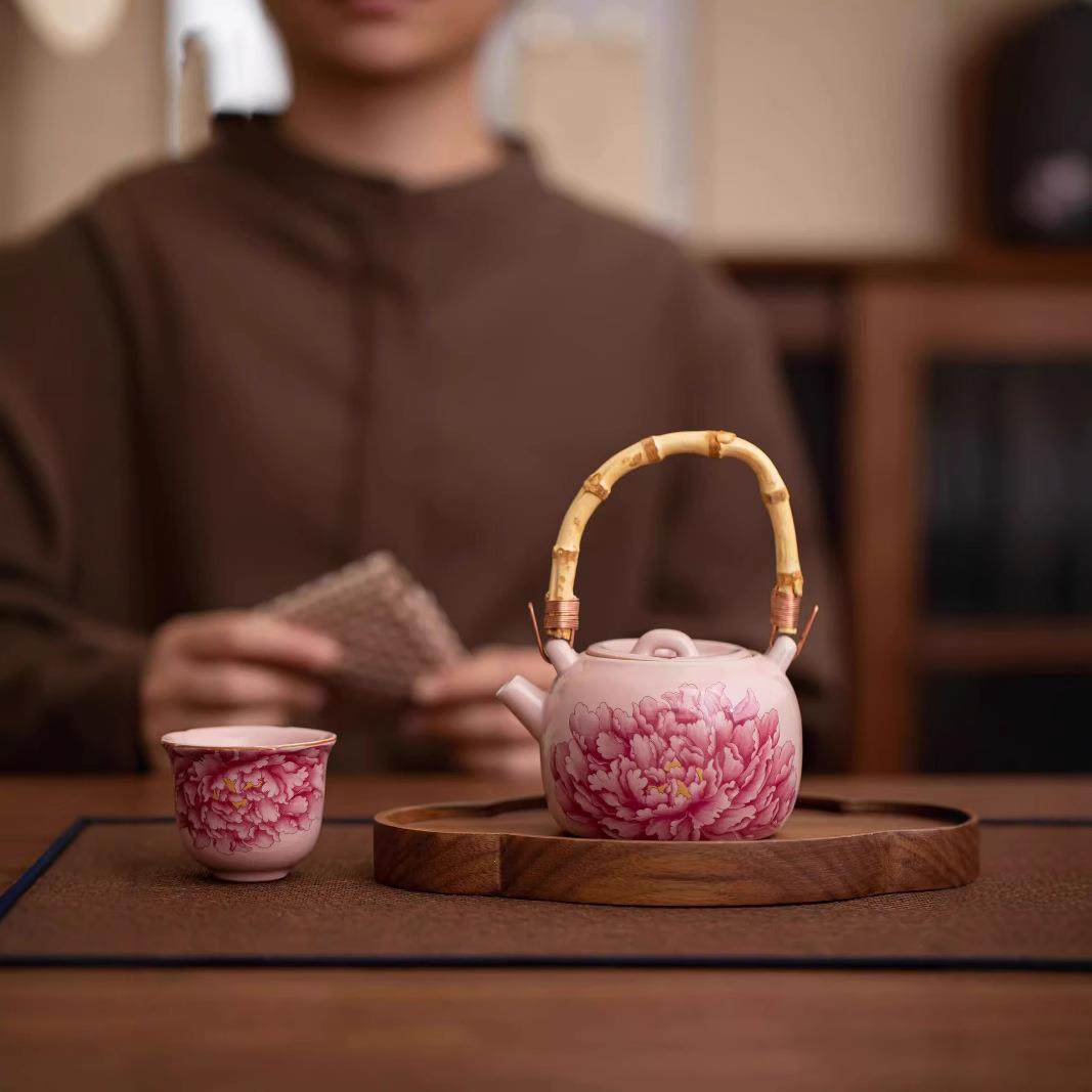 新中式粉色茶壶汝窑牡丹竹柄提梁壶复古可养可开片手提水壶泡茶壶,农机/农具/农膜,其它农用工具,淘宝优惠券,粉丝福利购,淘宝优惠卷