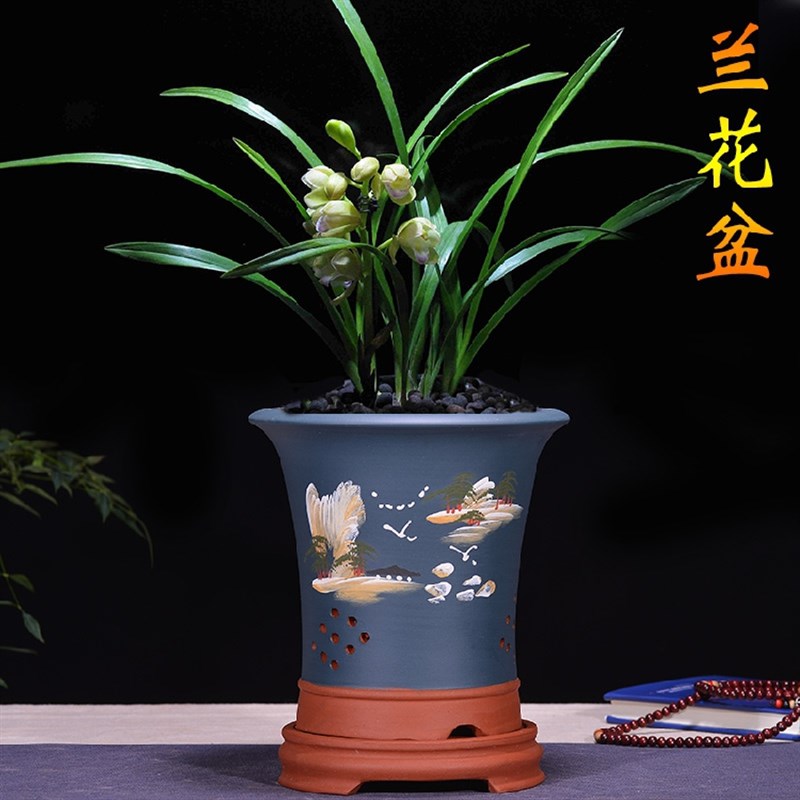 精品紫砂花盆紫砂兰花盆景陶瓷花盆室内窗台N花盆带托盘兰草专用