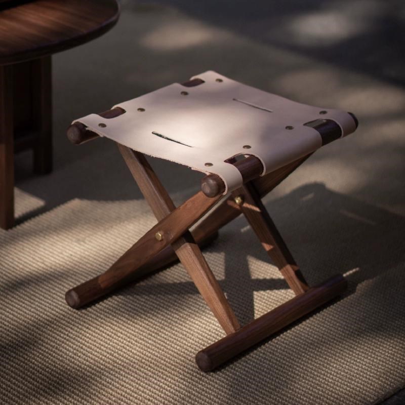 新中式换鞋凳折叠椅马扎u黑胡桃木实木便携小椅子户外矮凳