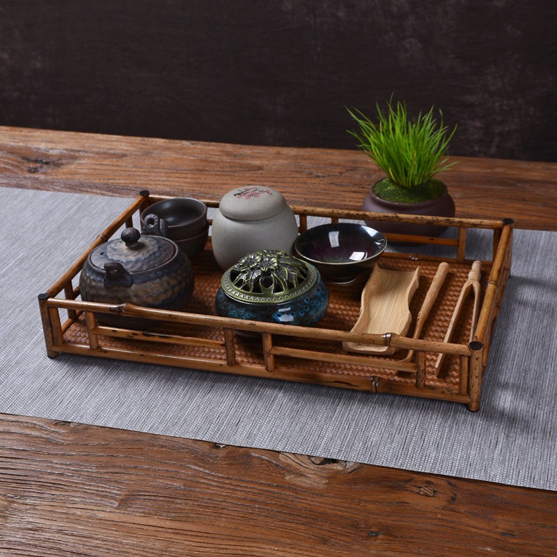 梅鹿竹茶盘大漆茶具围栏收纳榫卯茶托盘小L单层中式方形干泡奉茶
